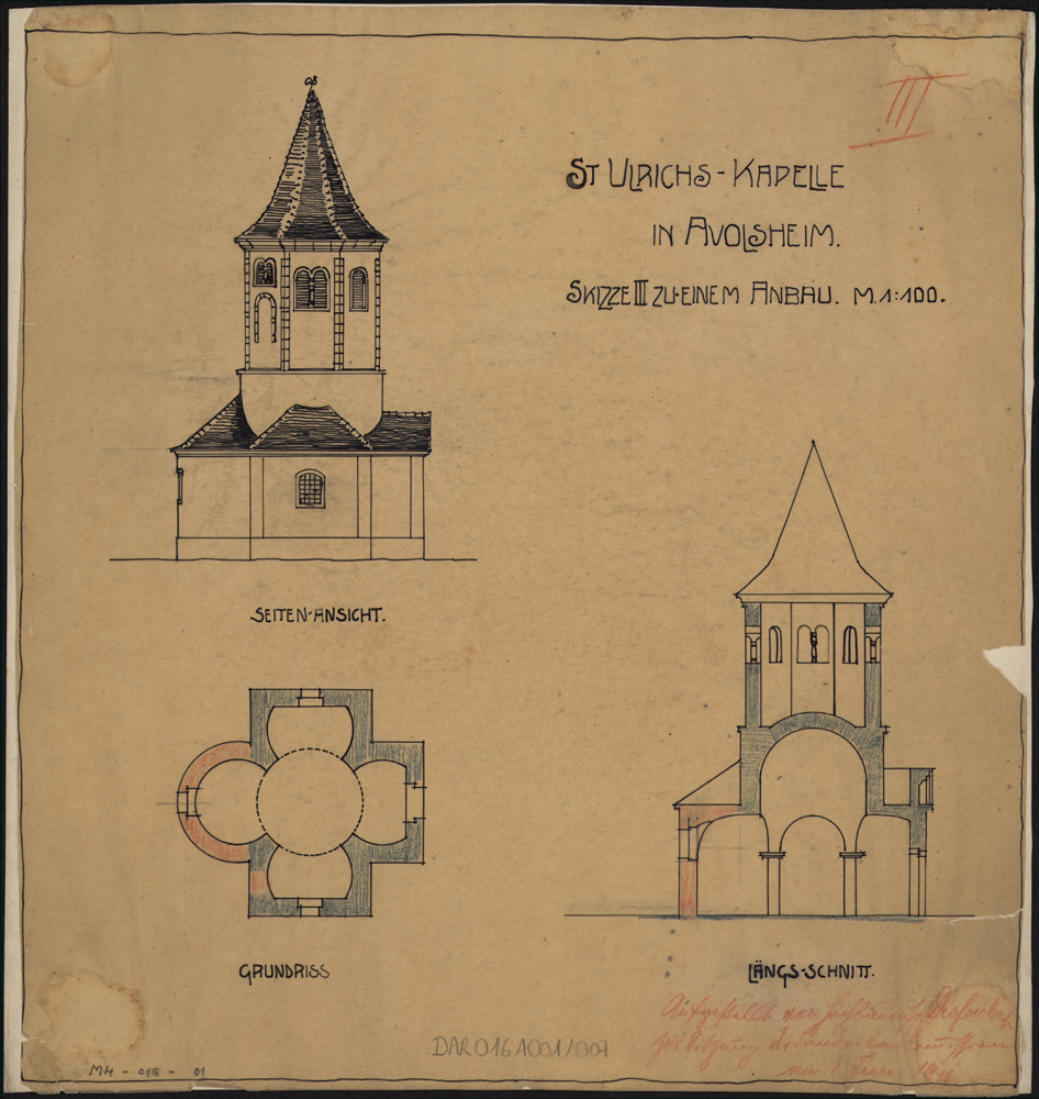 Projet d’extension de la nef, plan de masse, élévation de la façade nord et coupe longitudinale (variante 3).